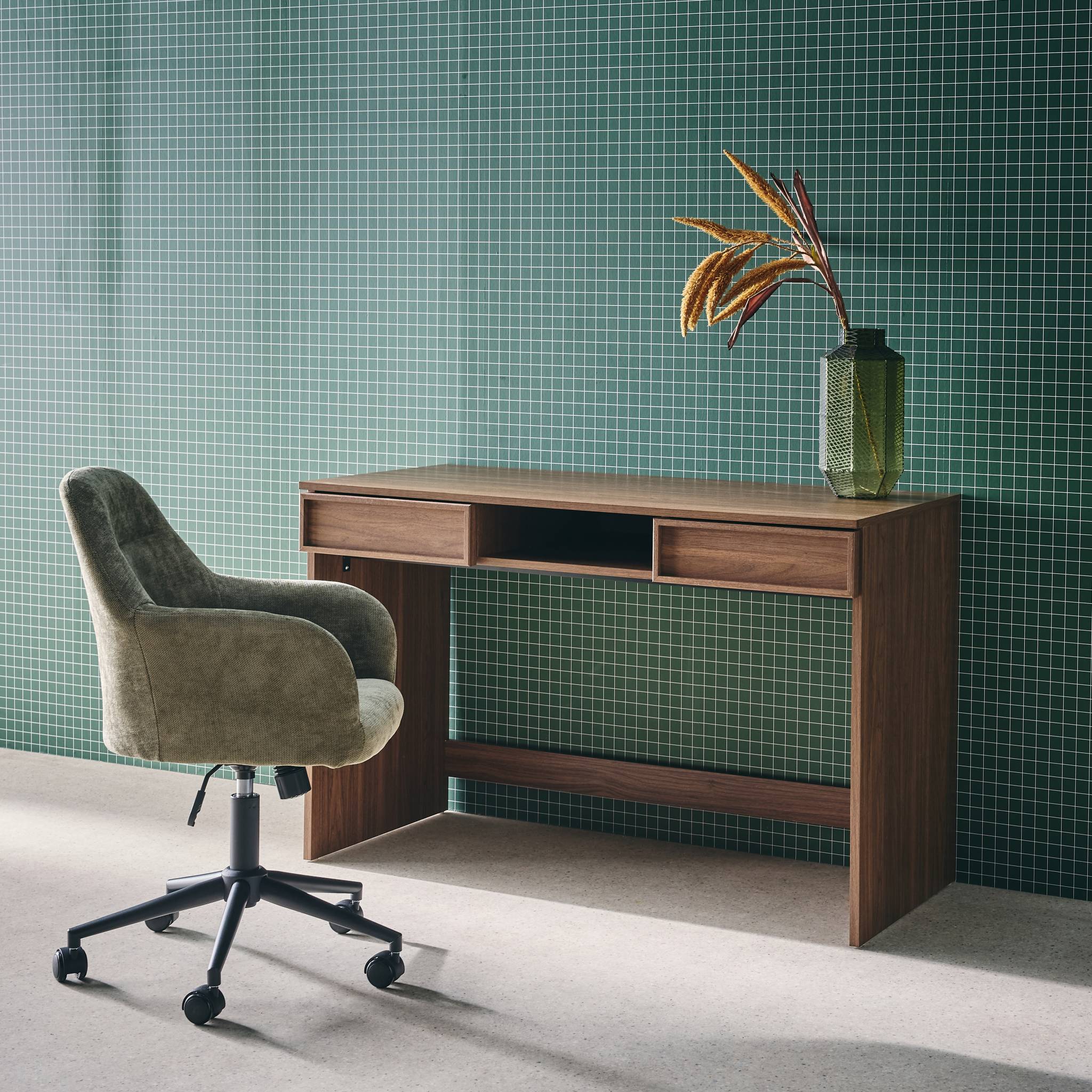 Bureau effet bois noyer 2 tiroirs 1 niche 120cm - L 120 x P 55 x H 77cm - Kuba