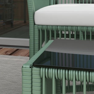 Conjunto Jardín Exterior de Ratán, Muebles Jardín Exterior para 4 Piezas, Muebles Terraza con 1 Sofá de 2 Plazas, 2 Sillones, Cojines y 1 Mesa de Tablero de Vidrio, para Patio, Verde Oscuro