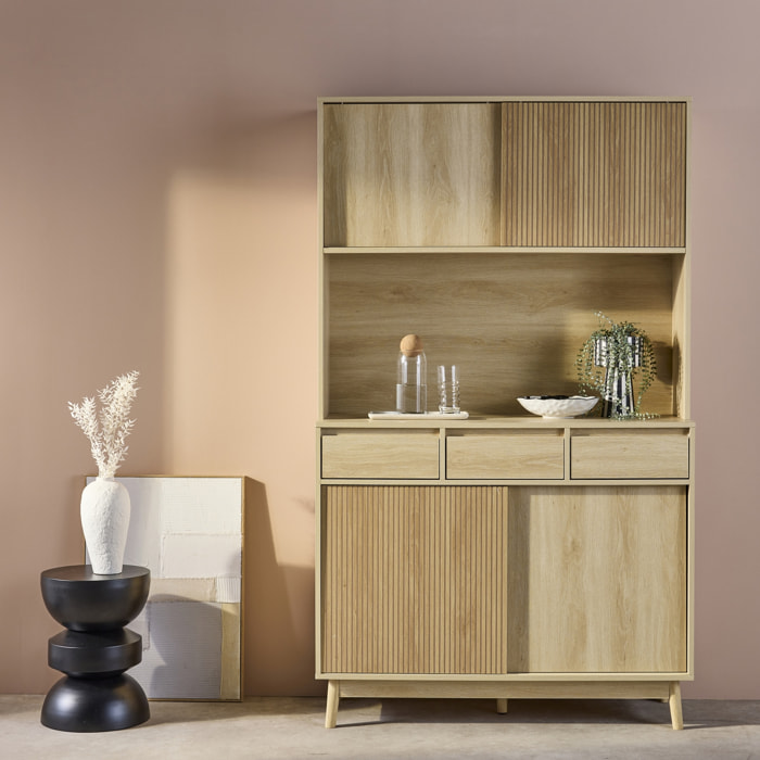 Buffet de cuisine LINEAR décor bois 4 portes 3 tiroirs 110 cm. Naturel. pieds en bois de pain revêtement papier