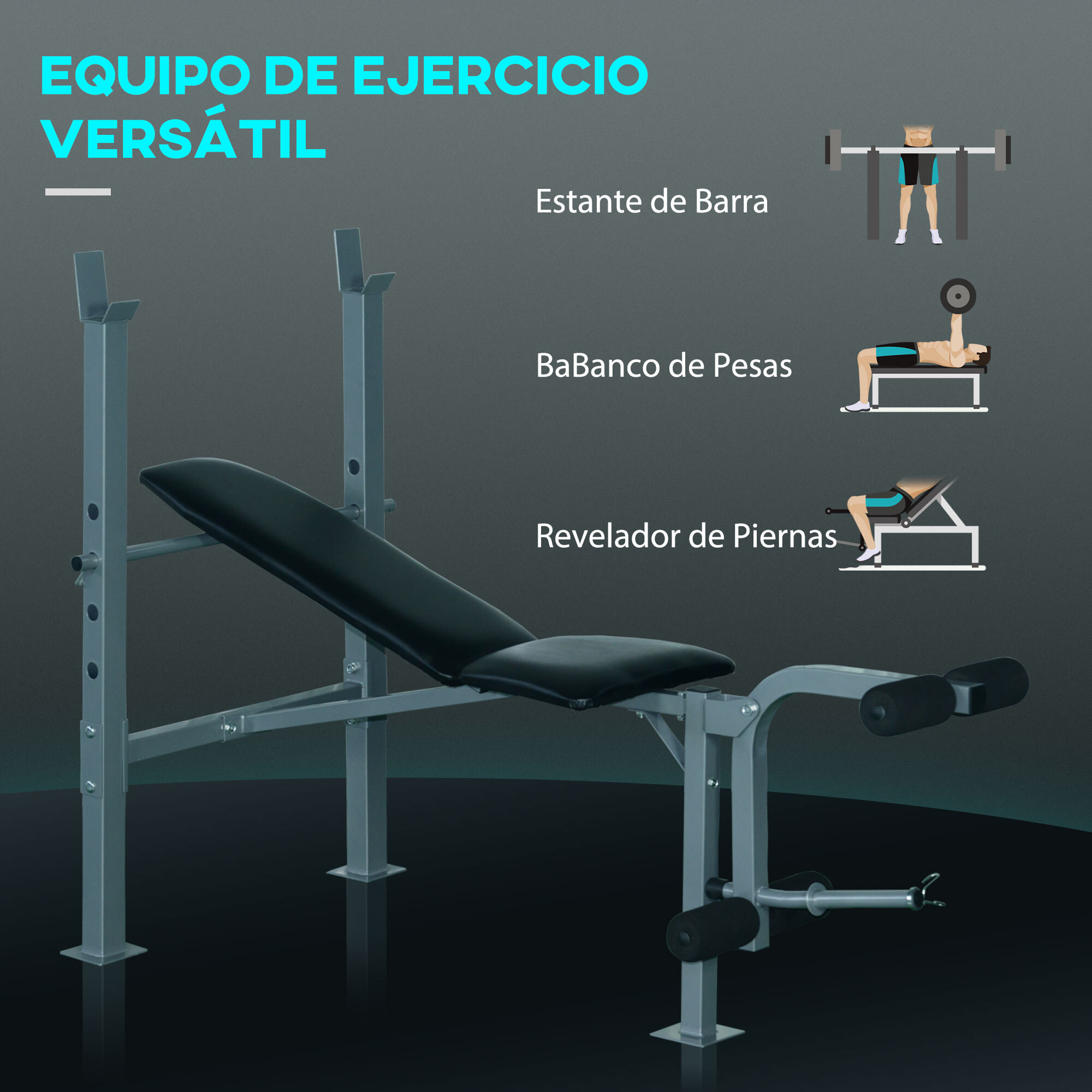 Conjunto de Banco de Pesas Multifuncional y Barra de Pesas con 6 Discos de Pesos Intercambiables para Entrenamiento Fuerza y Brazos en Gimnasio 165x68x114 cm 130x28x28 cm Multicolor