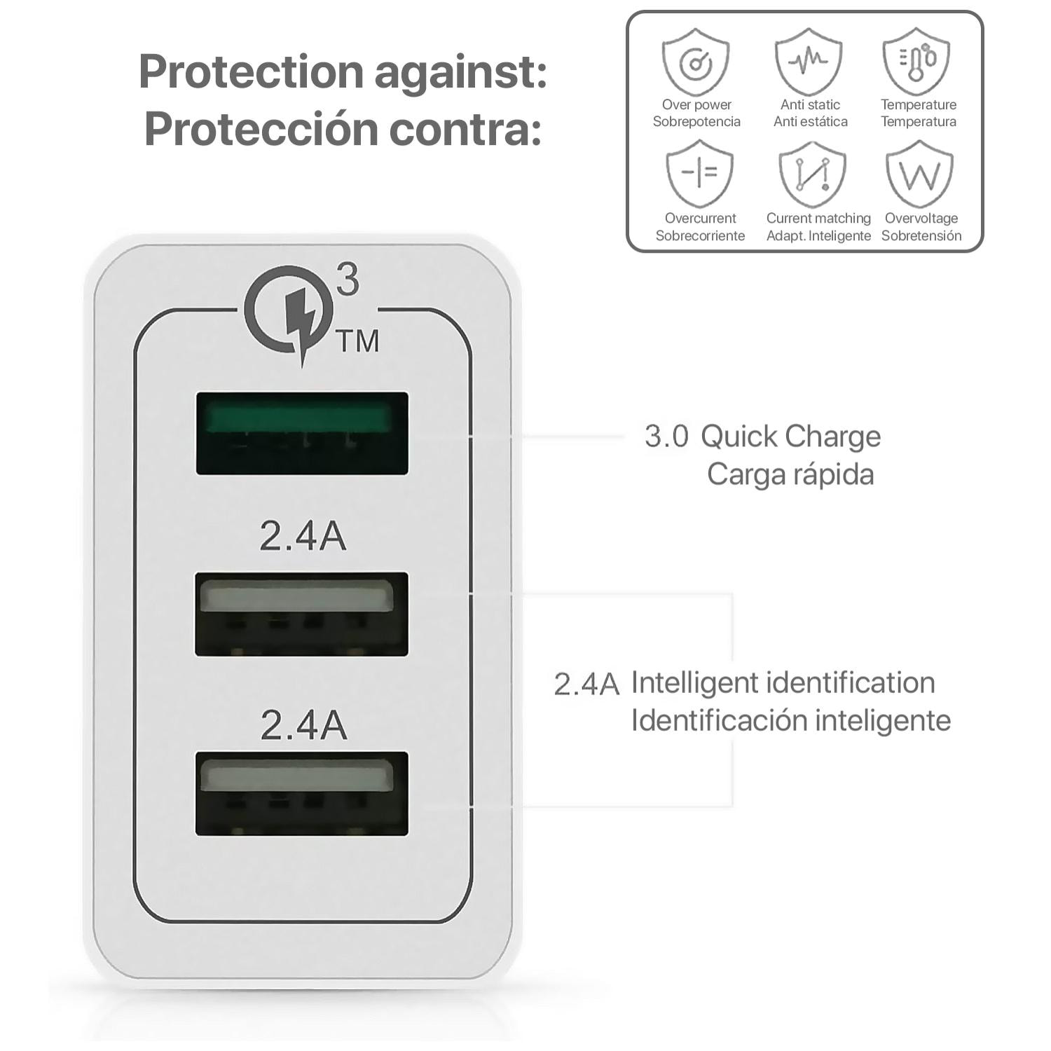 Cargador USB con puerto QC3.0 + doble puerto 2.4A-30W