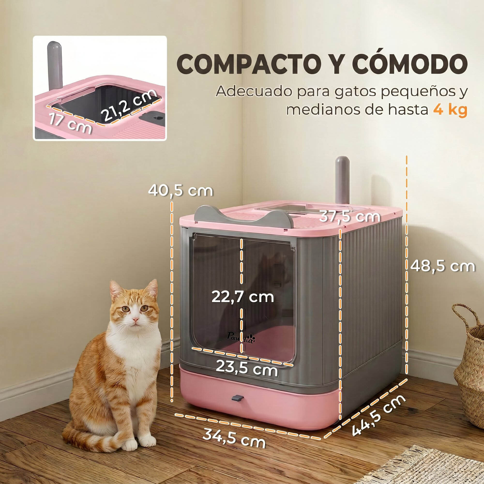 Arenero para Gatos Cubierto M, Caja de Arena para Gatos Medianos, Arenero con Tapa Abatible, Entrada Frontal, Salida Superior, Pala, Bolsas Desodorantes, Fácil de Limpiar, Antifugas, Rosa