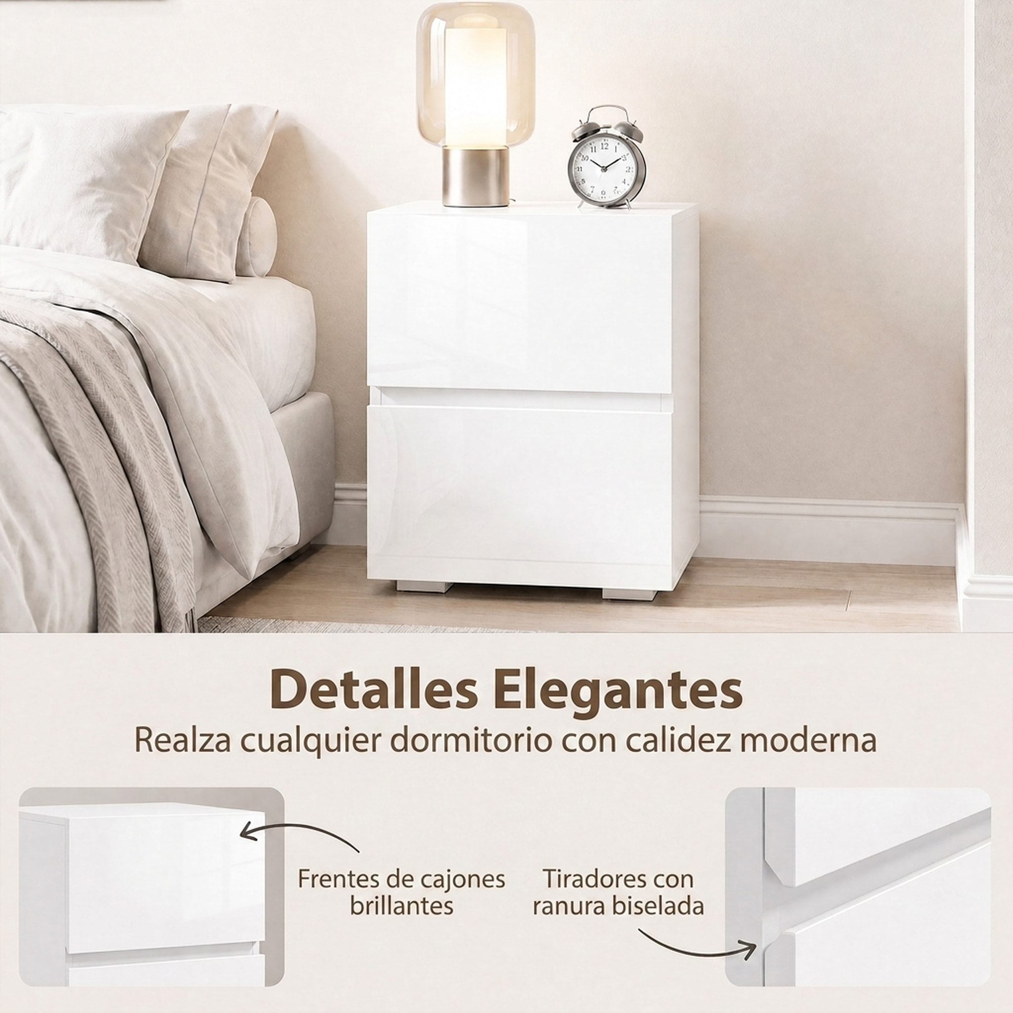 Juego de 2 Mesitas de Noche Estrechas, Mesillas de Noche Dormitorio con 2 Cajones, Frentes de Alto Brillo, Mesa Auxiliar para Espacios Reducidos, Salón, Blanco