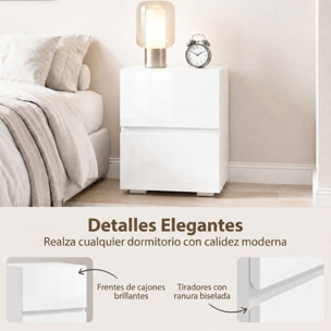 Juego de 2 Mesitas de Noche Estrechas, Mesillas de Noche Dormitorio con 2 Cajones, Frentes de Alto Brillo, Mesa Auxiliar para Espacios Reducidos, Salón, Blanco