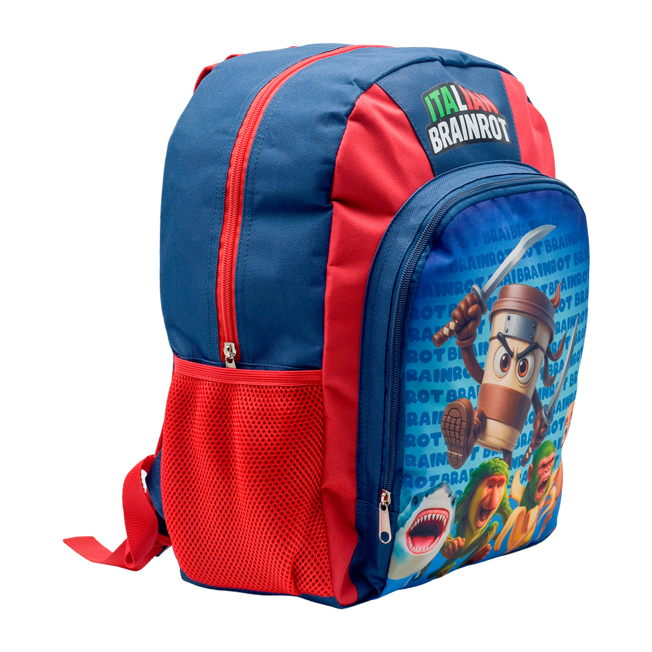 Zaino per bambini Italian Brainrot. Tasca laterale. Interno completamente foderato e personalizzato. Schienale imbottito. Spallacci ergonomici, regolabili e imbottiti.
