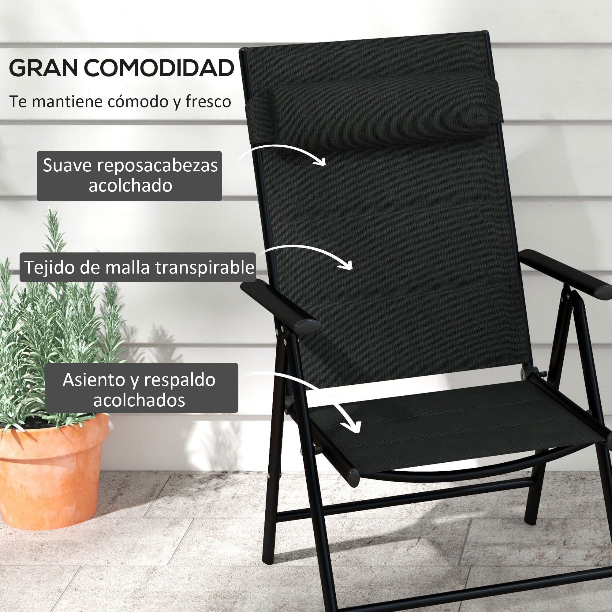 Conjunto de 2 Sillas de Camping Plegables Sillas de Jardín con Marco de Aluminio Reposacabezas y Reposabrazos Carga 130 kg para Terraza Playa 54x67x108 cm Negro