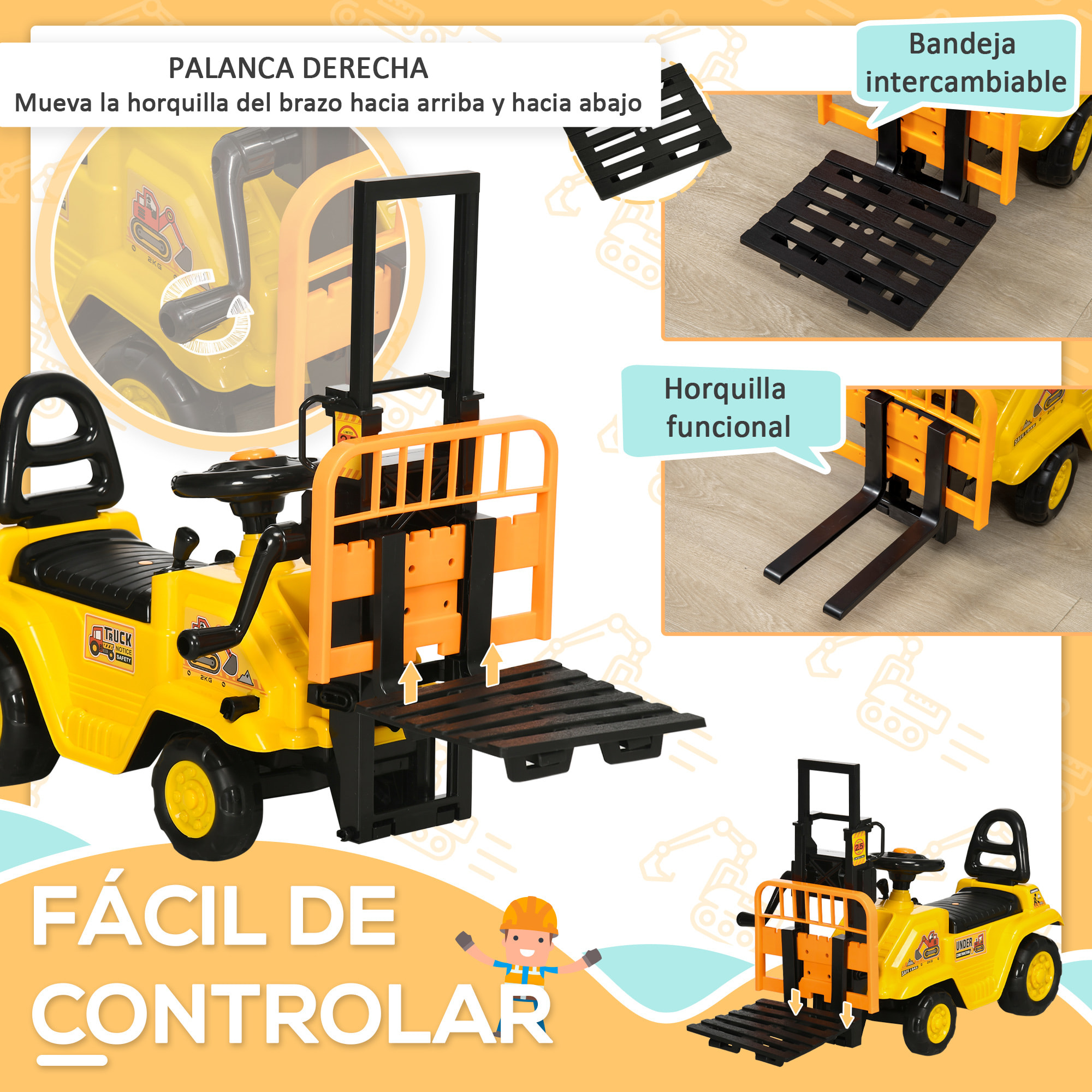 Tractor sin Pedales para Niños de +3 Años Carretilla Elevadora de Juguete con Horquilla Móvil Bocina y Asiento de Alamcenaje Oculto Carga 30 kg 86x27,5x47,5 cm Amarillo