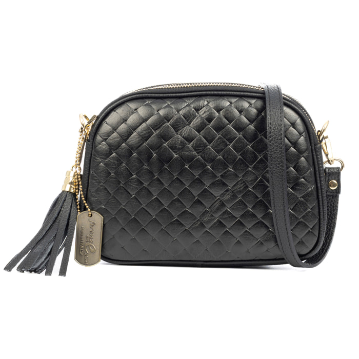 Aliminusa bolso bandolera Mujer. Piel auténtica Gamuza con grabado entrelazado y lacada brillante combinado con Dollaro.