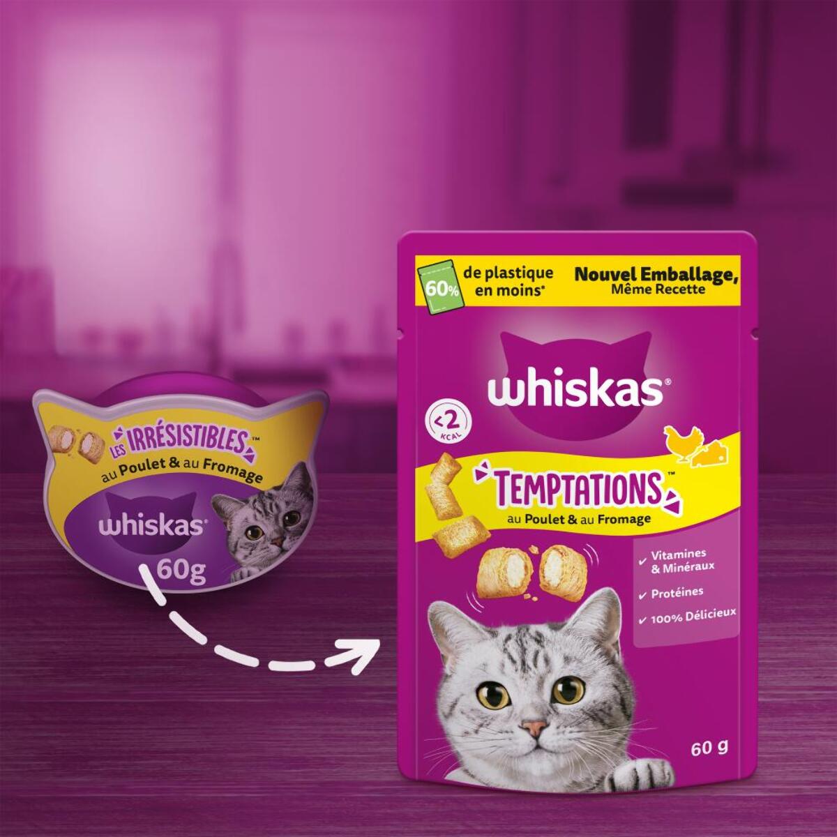 WHISKAS Temptations 12 Friandises pour chat au Poulet et Fromage (12x180g)