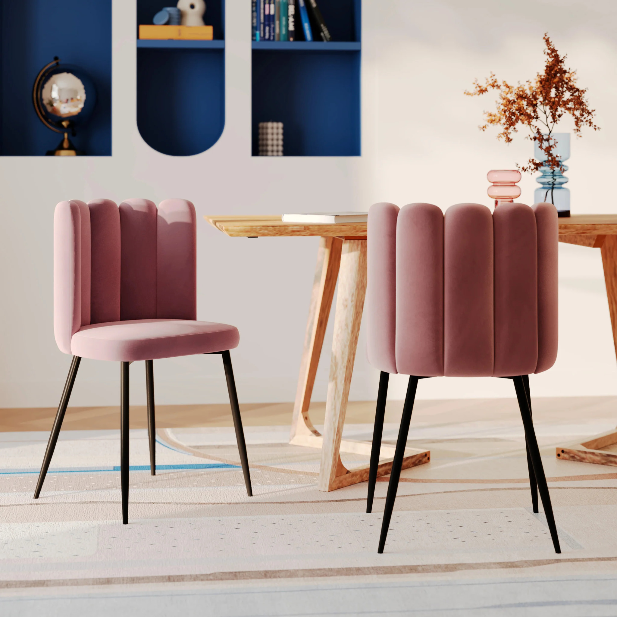 Lot de 2 chaises en velours rose et pieds en métal noir - Rosy