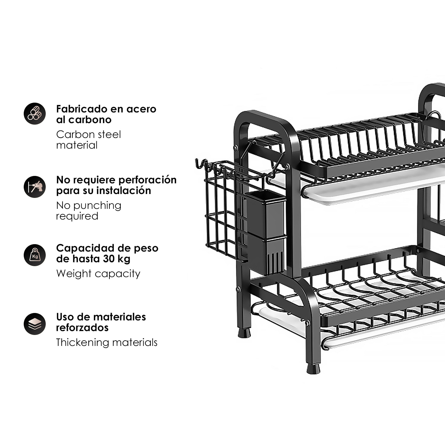 Repisa de cocina metálica para cubiertos. Escurridor de platos. Estante organizador para secar y guardar utensilios de cocina. 2 niveles con bandeja escurridora y accesorios.
