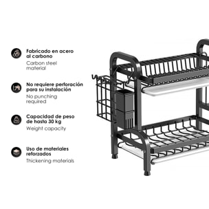 Repisa de cocina metálica para cubiertos. Escurridor de platos. Estante organizador para secar y guardar utensilios de cocina. 2 niveles con bandeja escurridora y accesorios.