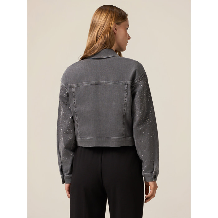 Oltre - Chaqueta corta de mezclilla con strass aplicados - Gris