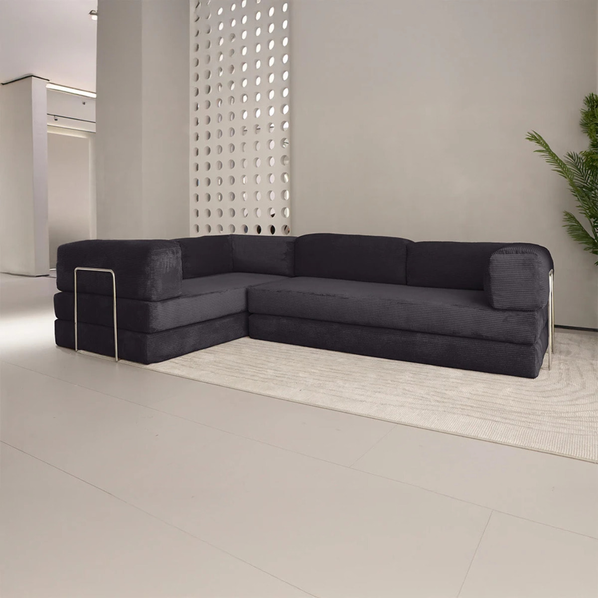 TRENDY - Canapé compressé 5 places angle modulable en velours côtelé anthracite