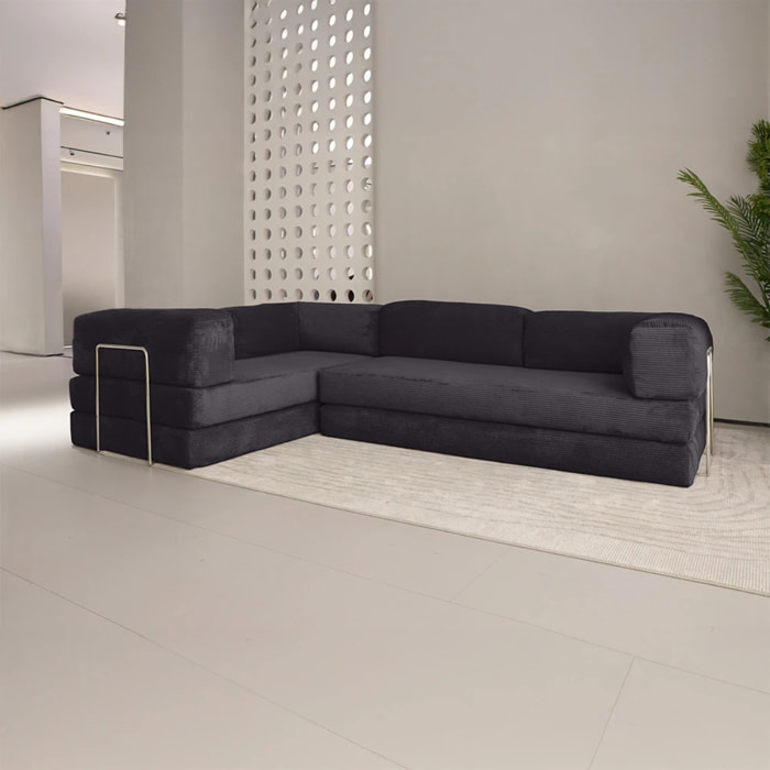 TRENDY - Canapé compressé 5 places angle modulable en velours côtelé anthracite
