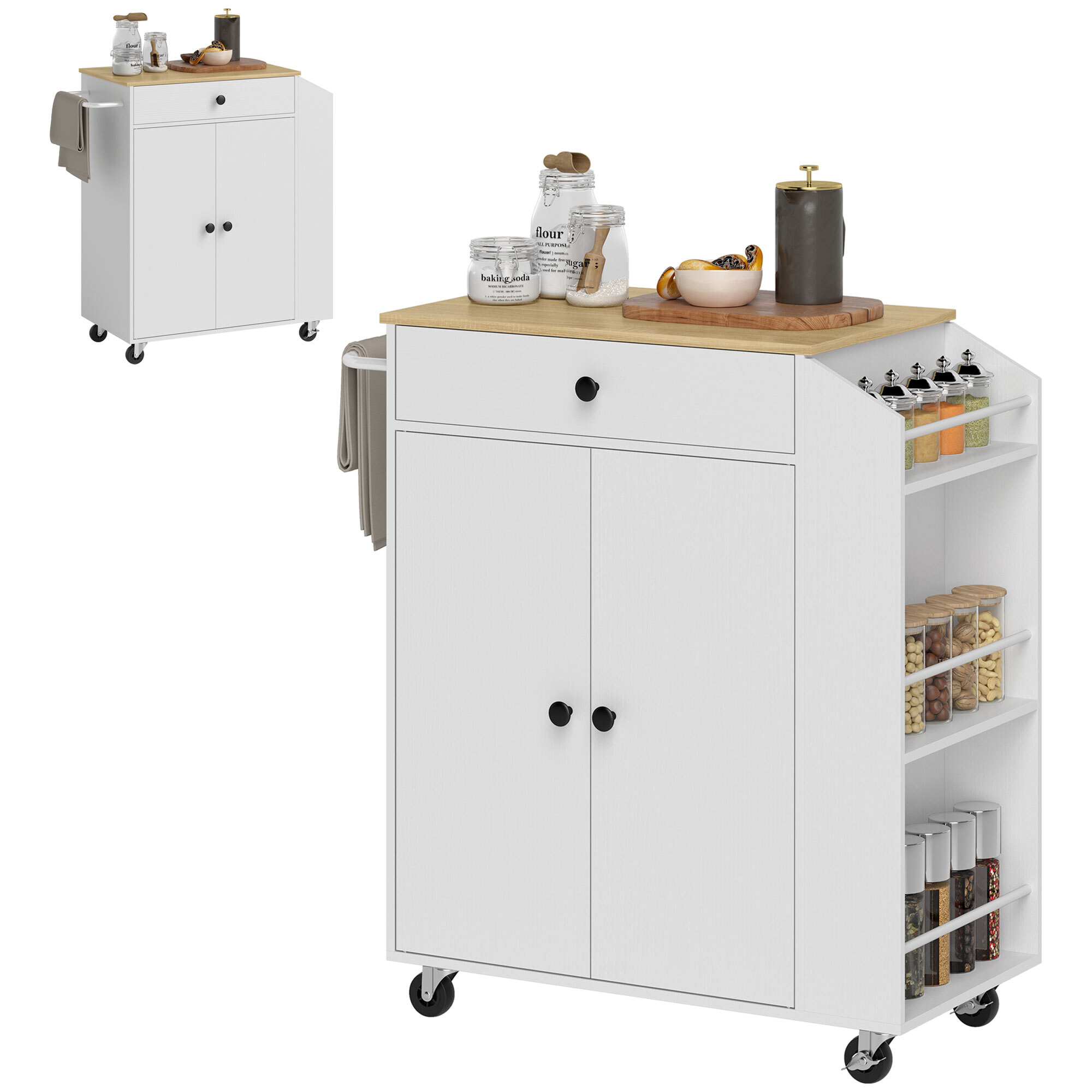Isla de Cocina con Ruedas Carrito de Cocina Mueble Auxiliar de Cocina con 2 Puertas Cajón Especiero de 3 Niveles Toallero y Estante Ajustable 82x38x86,5 cm Blanco