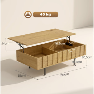 Table basse relevable avec 2 rangements cachés et côtés cannelés, 110 × 55 × 36,5 cm, effet chêne