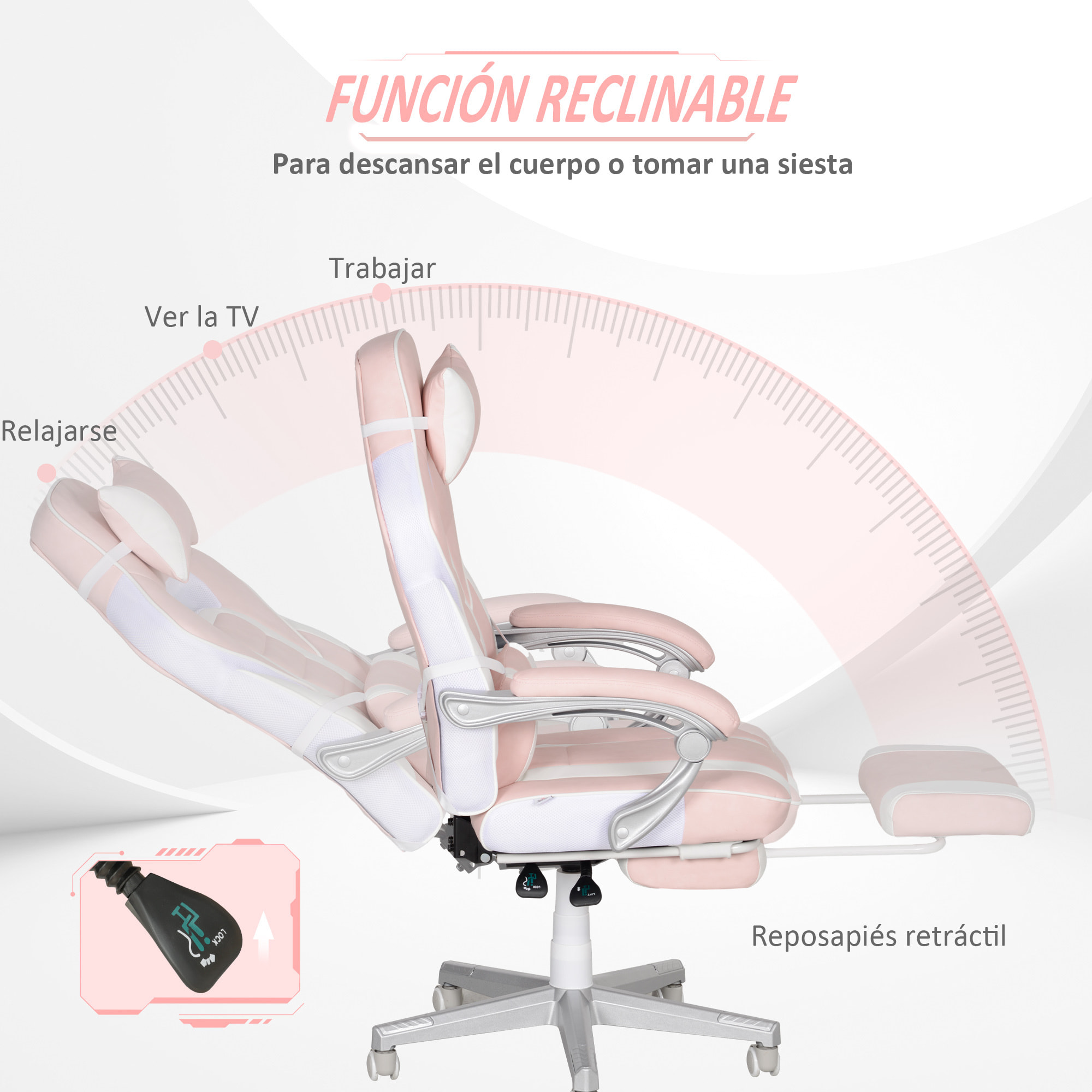 Silla Gaming Silla Gamer Reclinable con Altura Ajustable Reposapiés Retráctil Soporte Lumbar y Reposacabezas Desmontable Silla para Oficina Estudio Rosa