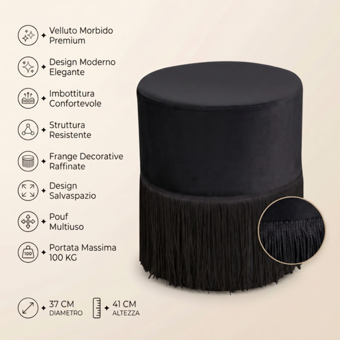 Pouf rotondo in velluto con frange decorative Ø34x40 cm, sgabello imbottito design glamour elegante, seduta decorativa per salotto camera da letto ingresso e cabina armadio, struttura resistente fino a 100 kg