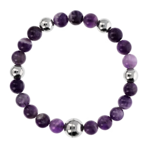 Bracciale di Sfere Argentate e in Pietra Naturale Ametista Viola in Argento 925 placcato Rodio