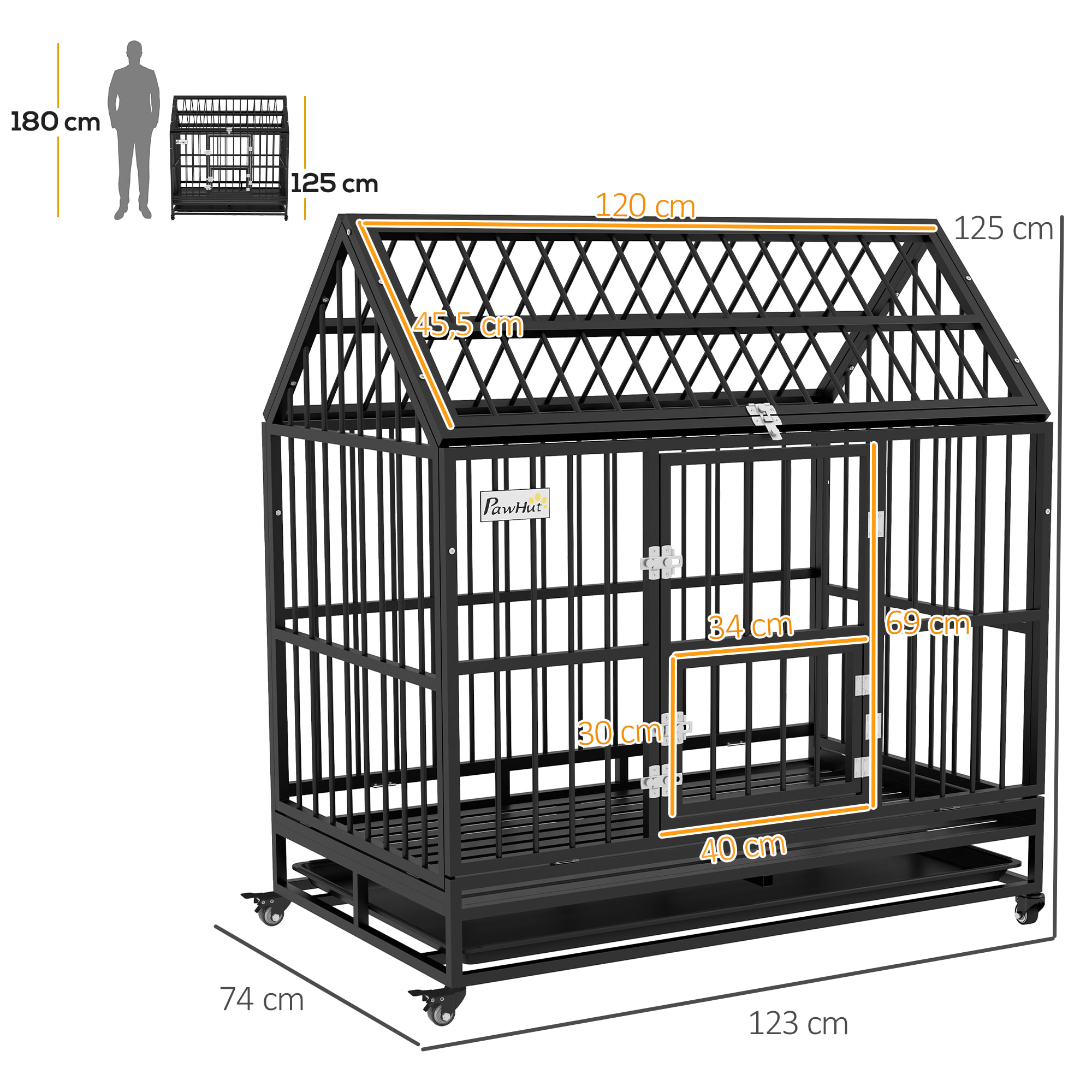 PawHut Jaula para Perros Grandes 123x74x125 cm Perrera Metálica con Ruedas Bandeja Extraíble Cerraduras 2 Puertas Frontal 1 Puerta en Techo y Marco de Acero Negro