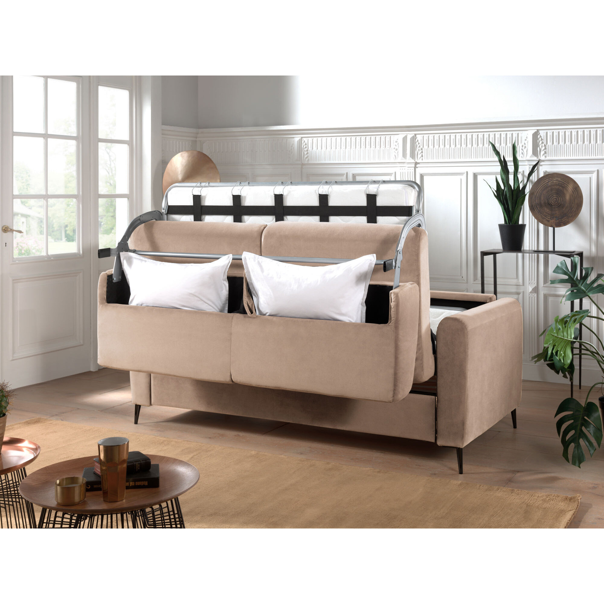 Owen - canapé lit 3 places convertible express couchage quotidien 140 cm matelas 12 cm en velours - Beige