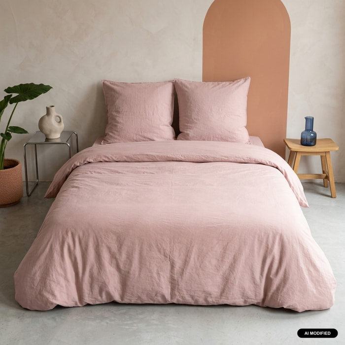 Parure de lit microfibre lavée 2 places rose poudré LUNA