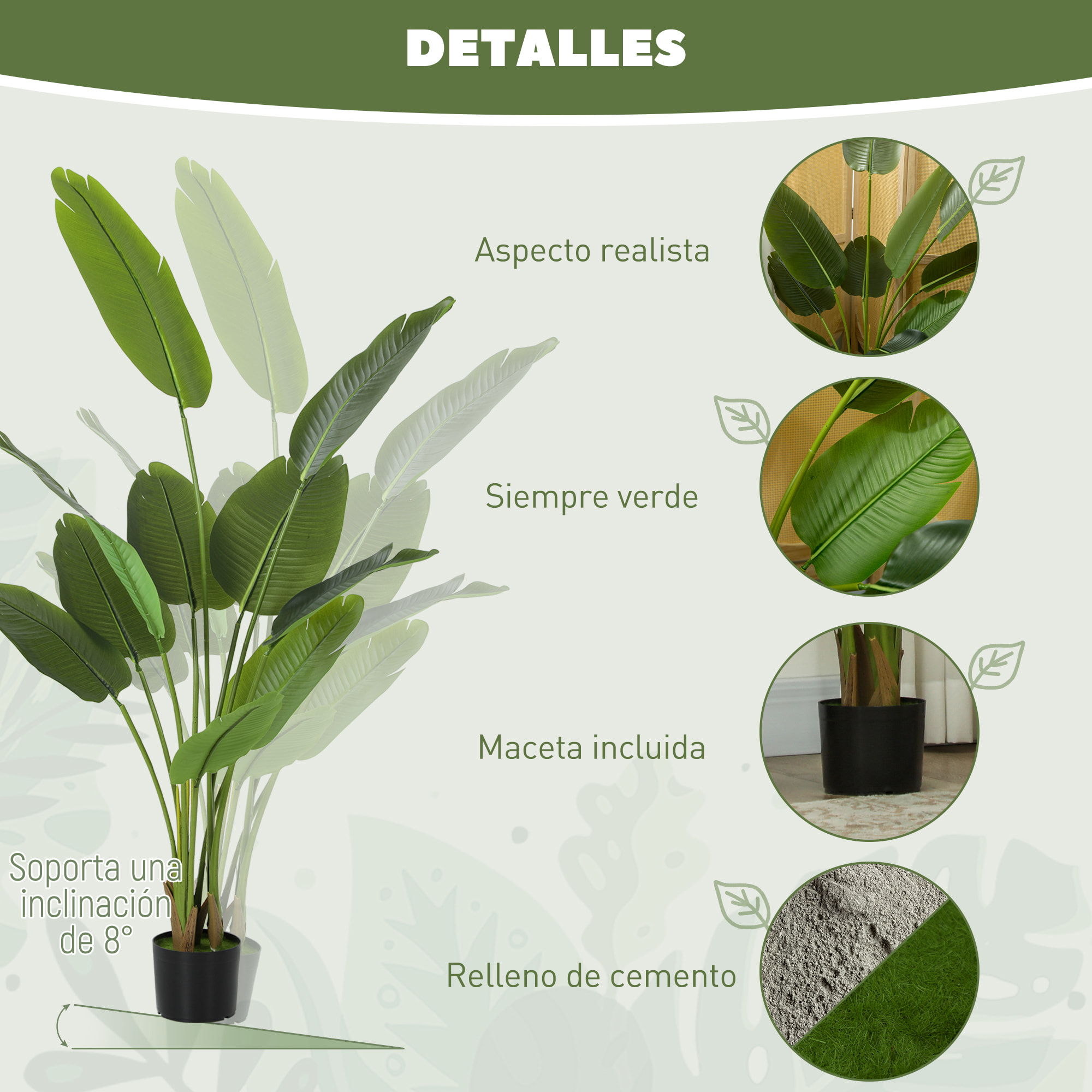 Planta Artificial Decorativa 160 cm Bananera Artificial con Maceta y Hojas para Interior Hogar Salón Oficina Verde