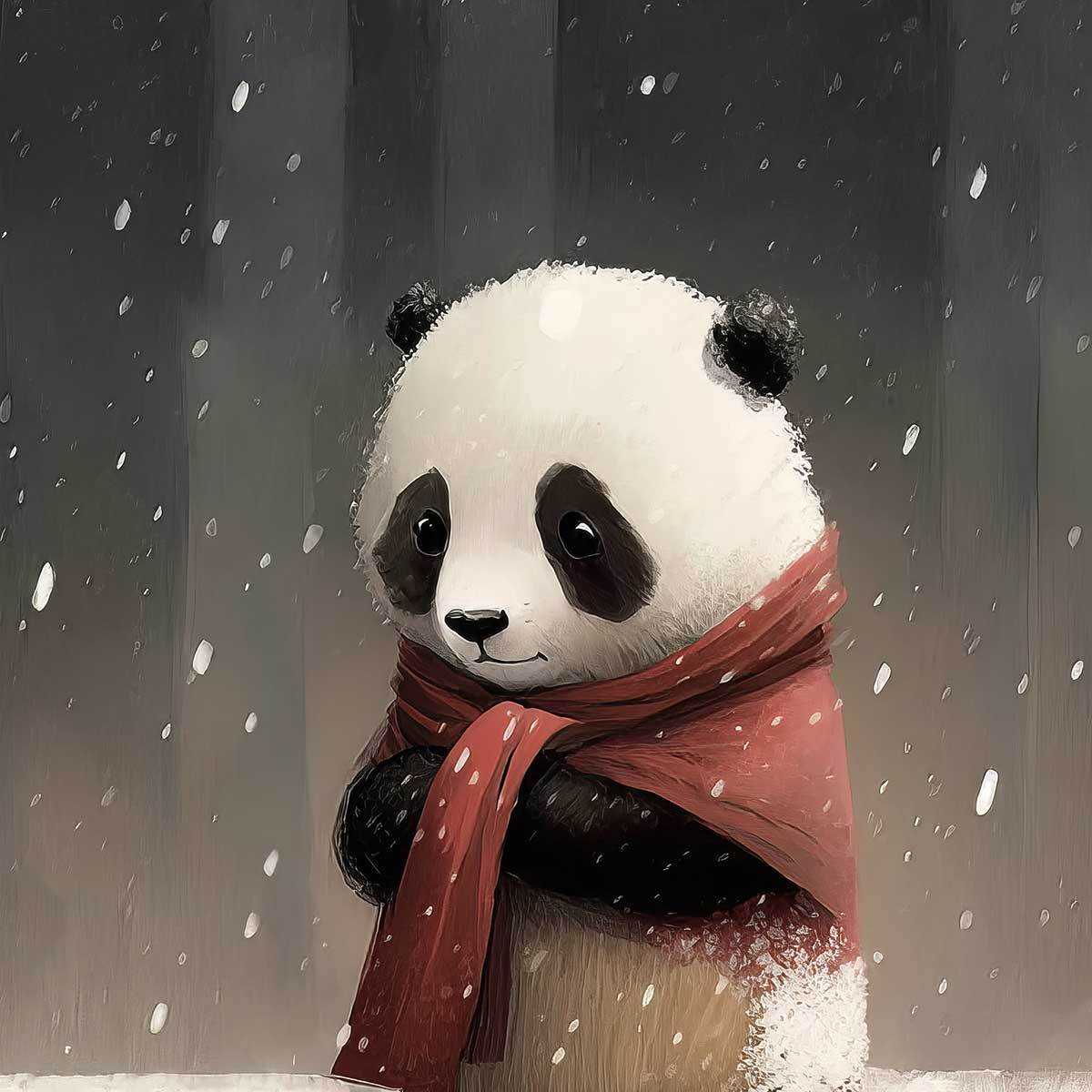 Affiche enfant panda sous la neige  Affiche + cadre en bois - Noir