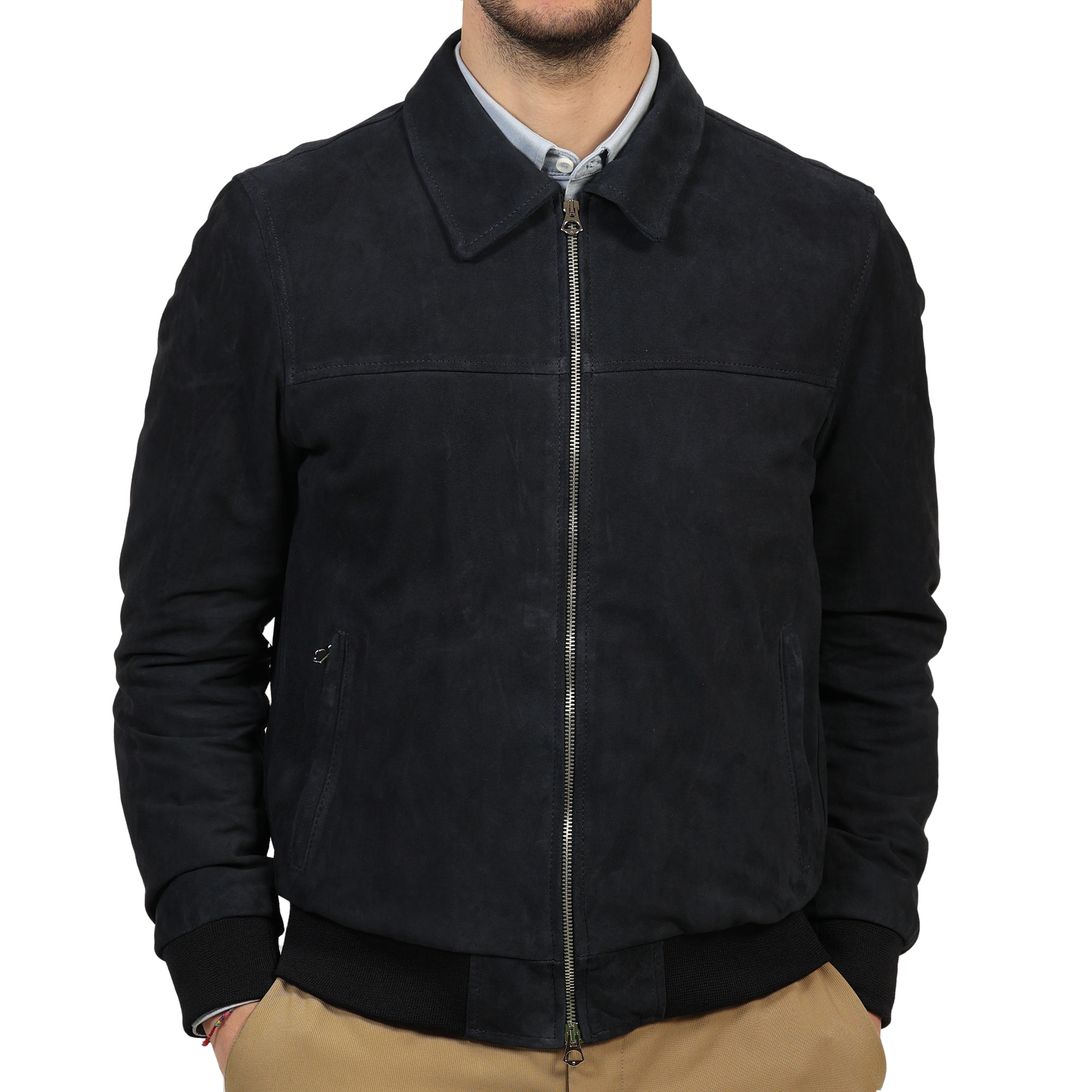 Giubbino in vera pelle di vitello scamosciata Blu-Slim Fit