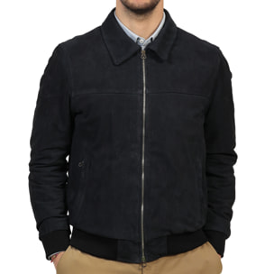 Giubbino in vera pelle di vitello scamosciata Blu-Slim Fit
