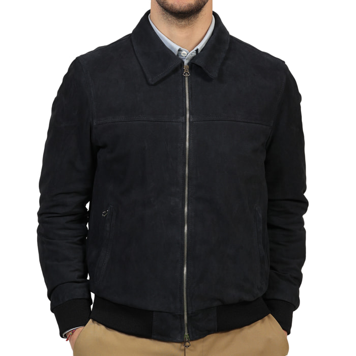Giubbino in vera pelle di vitello scamosciata Blu-Slim Fit