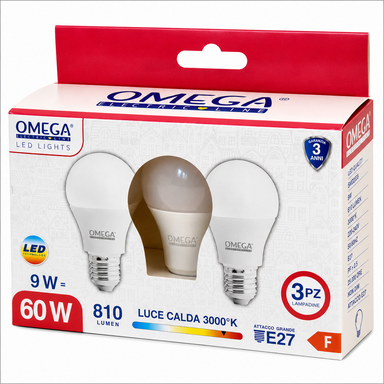 OMEGA Set 3 Lampadine LED 9W 810 Lumen E27 6500K