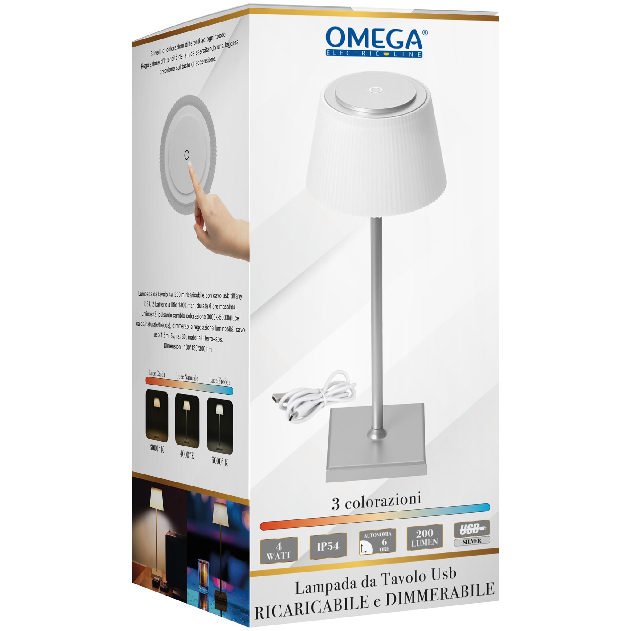 OMEGA Lampada da Tavolo 4W Ricaricabile con Cavo USB Silver