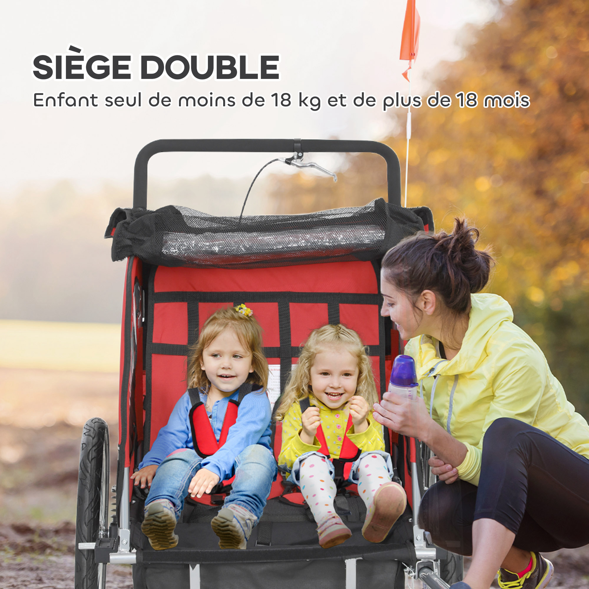Remorque vélo jogger 2 en 1 enfant drapeau roue avant pivotante réflecteurs barre d'attelage inclus noir rouge