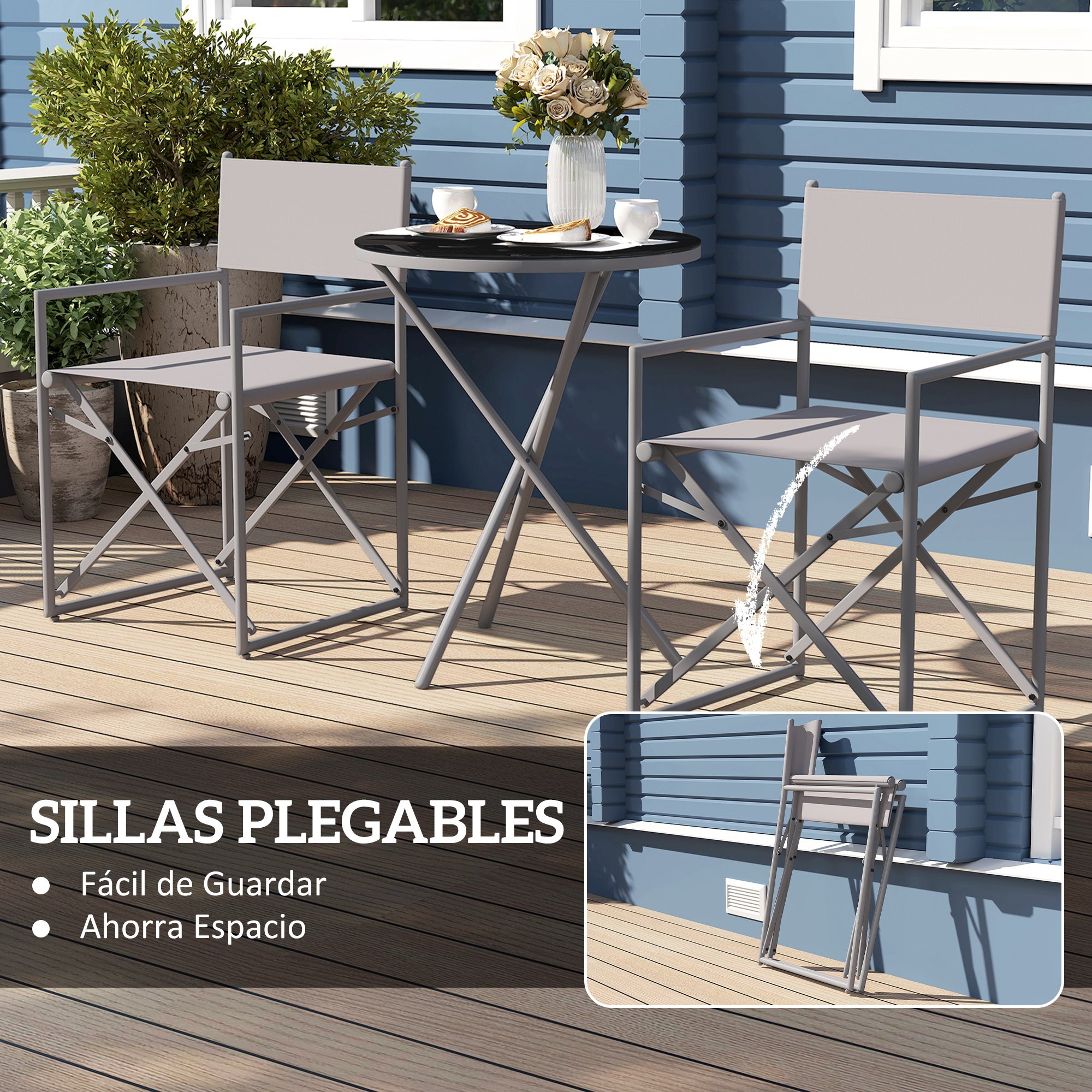 Conjunto de Muebles de Jardín de 3 Piezas Juego de Muebles de Balcón con 2 Sillas Plegables Mesa con Encimera de Vidrio Templado y Estructura de Acero para Terraza Patio Exterior Gris Oscuro
