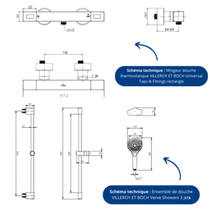 Mitigeur douche thermostatique VILLEROY ET BOCH Universal rectangle + Ensemble de douche Verve Showers 3 jets