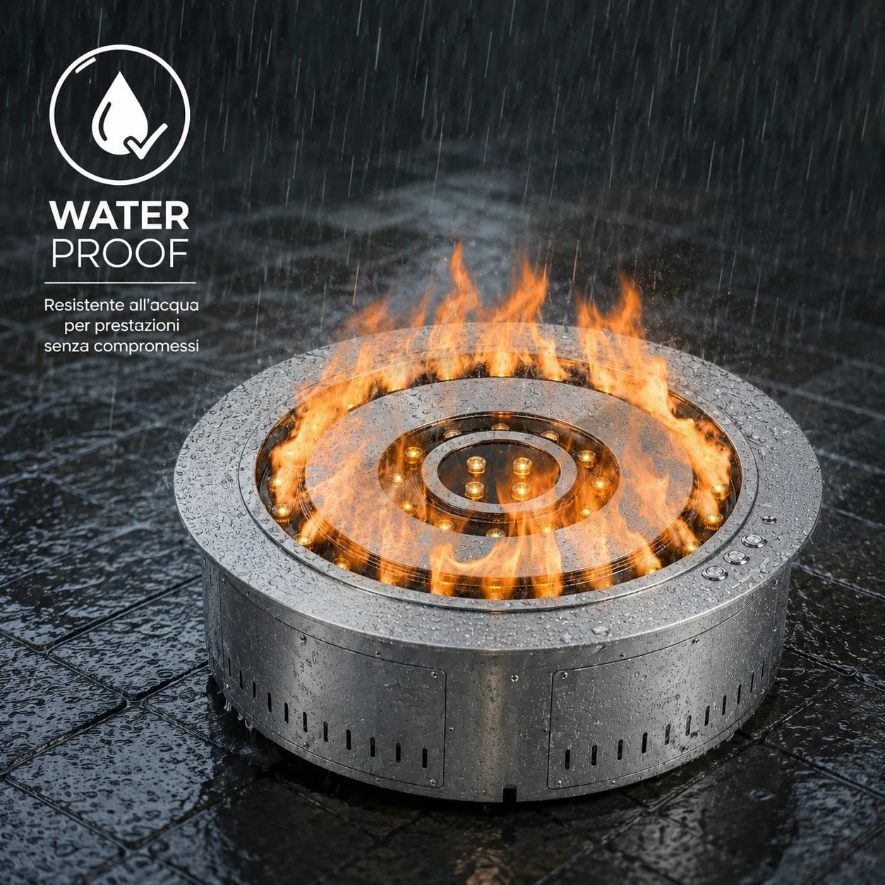 Round 3D 550 - Inserto Camino Decorativo ad Acqua Senza Calore Ø55x17 cm con Effetto Fiamma a LED 3D