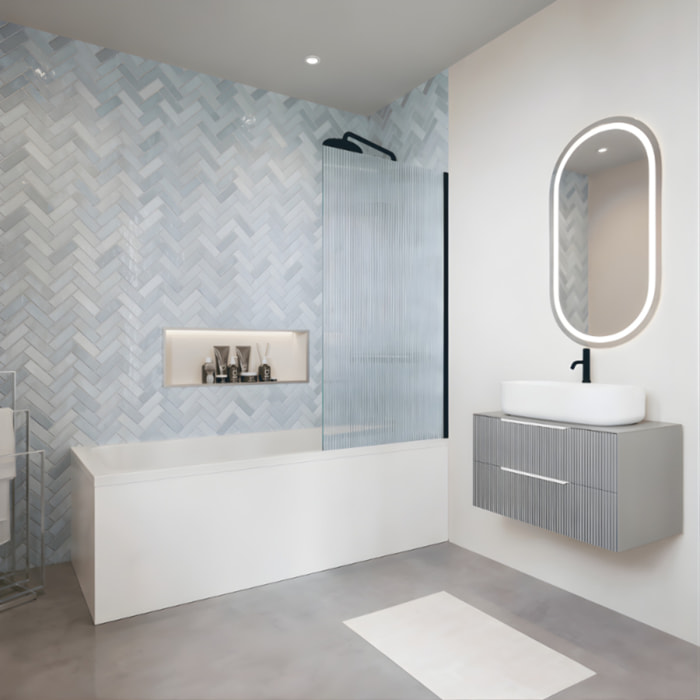 Baignoire droite VILLEROY ET BOCH Collaro Blanc mat vidage et trop plein blanc mat + Pare bain AURYS Raywall noir mat