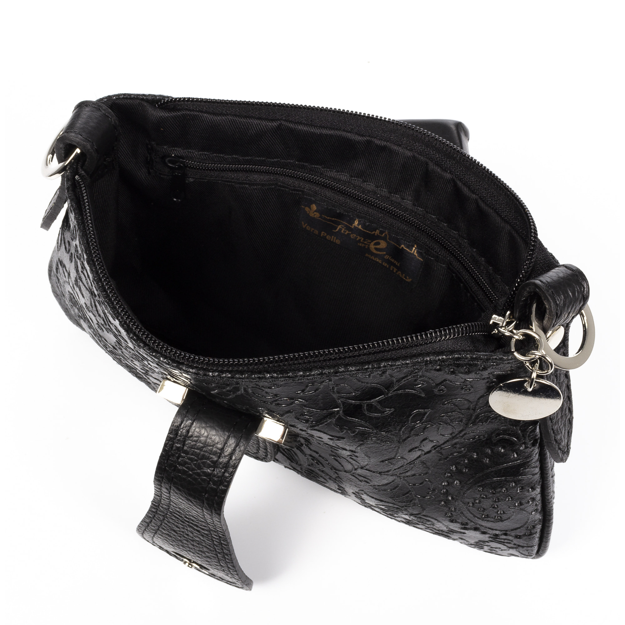 FIRENZE ARTEGIANI Borsa da Donna Allerona.Incisione Arabesco in Vera Pelle Scamosciata. Prodotto in Italia 24x2x14 Cm. Colore nero