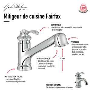 Robinet cuisine bas avec douchette extractible   Fairfax chrome