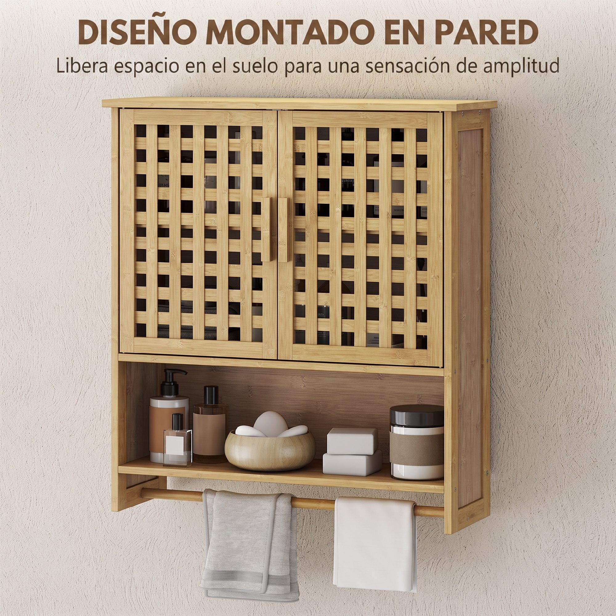 Armario de Baño de Pared de Bambú, Mueble de Baño Colgar con 2 Puertas de Celosía, Estante Abierto y Estante Ajustable, para Cocina, Lavadero, Natural