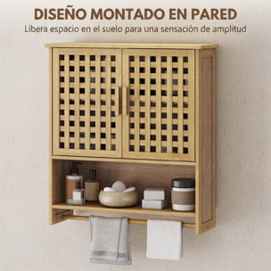 Armario de Baño de Pared de Bambú, Mueble de Baño Colgar con 2 Puertas de Celosía, Estante Abierto y Estante Ajustable, para Cocina, Lavadero, Natural
