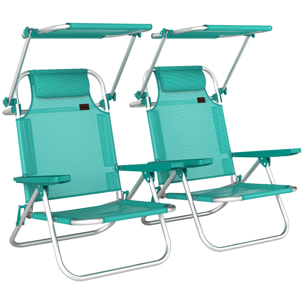 Pack de 2 Sillas de Playa Plegables con Dosel Ajustable, Respaldo Reclinable en 6 Posiciones y Reposacabezas, Sillas Bajas Portátiles con Brazos Carga 120kg para Acampada Jardín Turquesa
