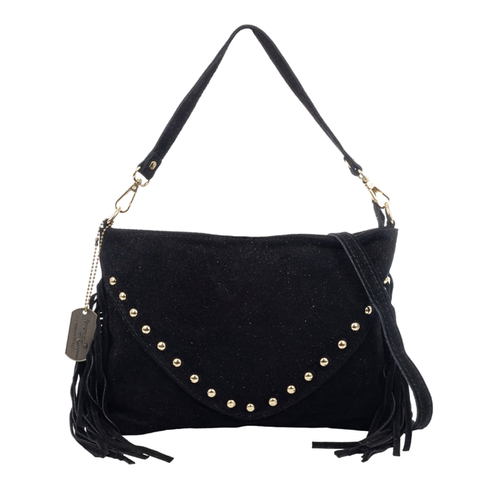 Bellegra Bolso de hombro Mujer. Piel auténtica Gamuza con detalles metálicos.