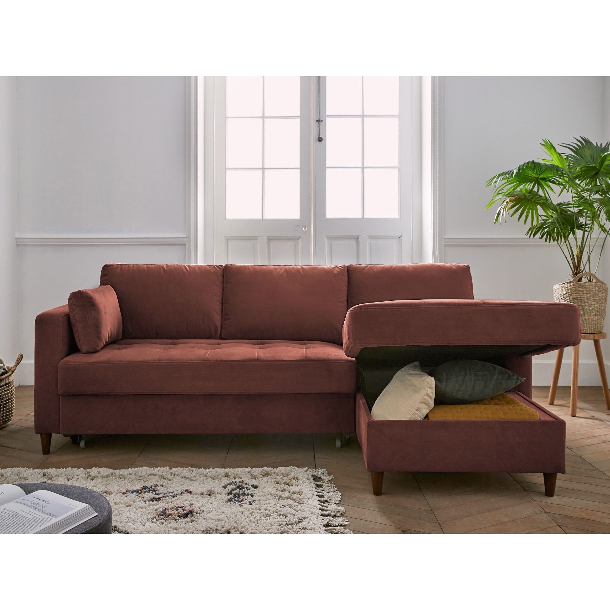 Anna - canapé d'angle droit - 4 places - convertible avec coffre - en velours - Rose