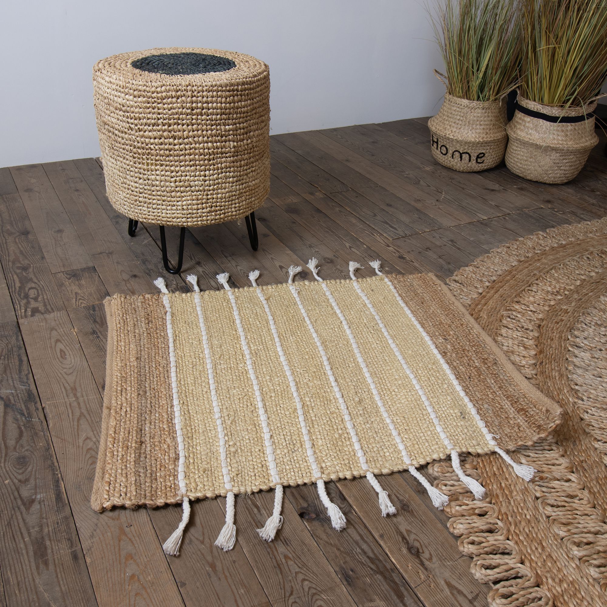 TAPIS NATUREL RAYURES BLANCHES EN JUTE ET COTON 80X60CM DIDIM