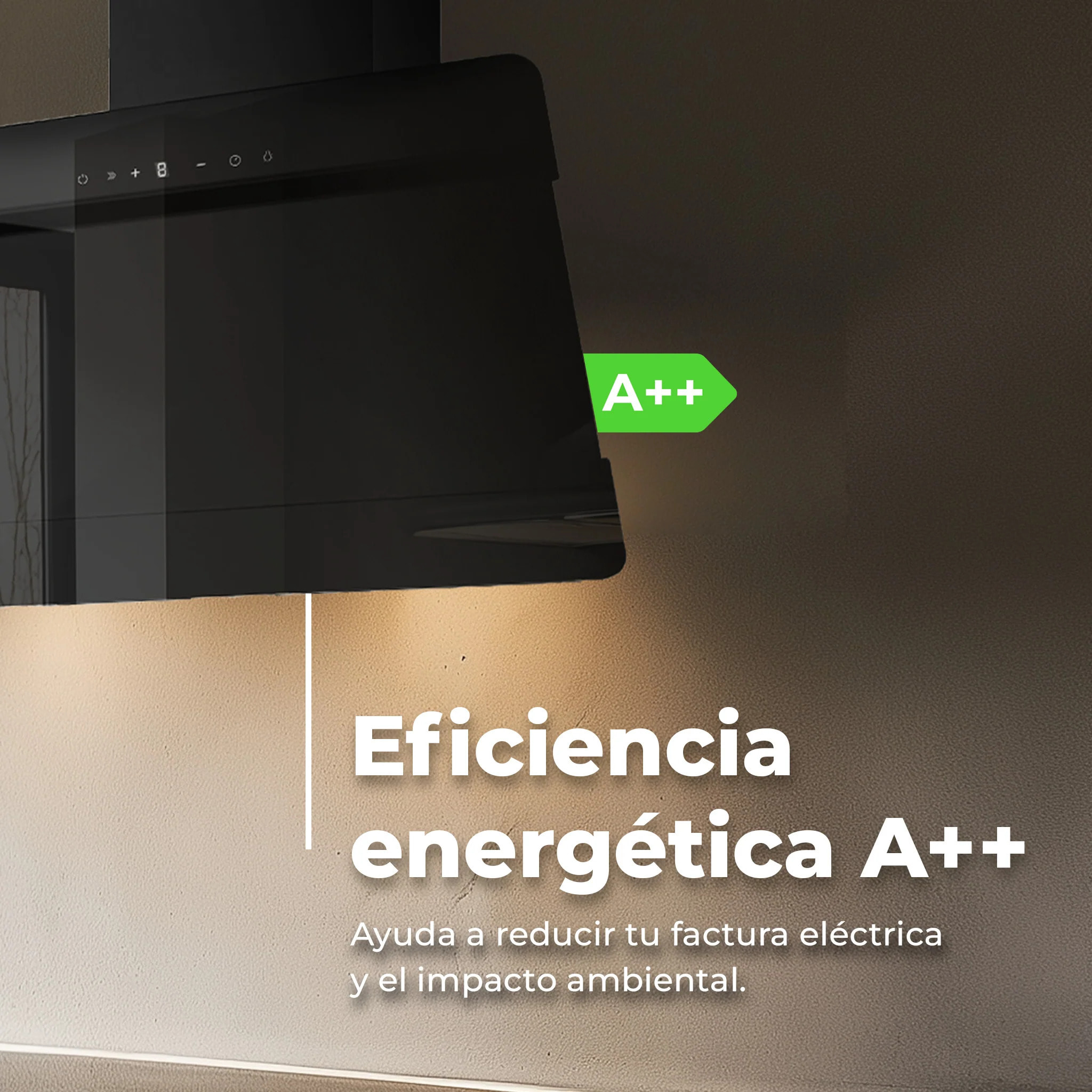 EVVO Campana extractora 60 cm decorativa, 800 m³/h, control táctil y gestual, filtros de aluminio y carbón activo, eficiencia energética A++