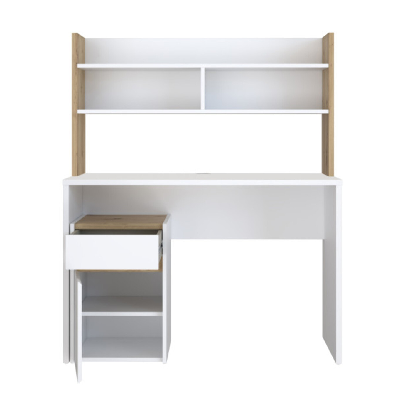 Bureau et sur-meuble de bureau avec rangements blanc, effet chêne - L 110 CM - KIARA