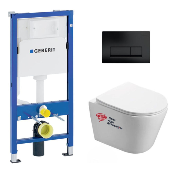 Pack WC Bati-support Geberit + WC Swiss Aqua Technologies Infinitio sans bride + plaque Delta 50 noir mat